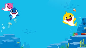 Pinkfong Baby Shark Cartoon Underwater Scene With Colorful Sharks And Jellyfish HD wallpaper