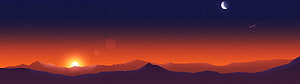 Stylized Vector Illustration of a Sunset Over Purple Mountains with a Crescent Moon and Shooting Star HD wallpaper