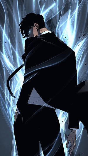 Anime Male Character in Black Suit with Glowing Blue Energy Aura HD phone wallpaper