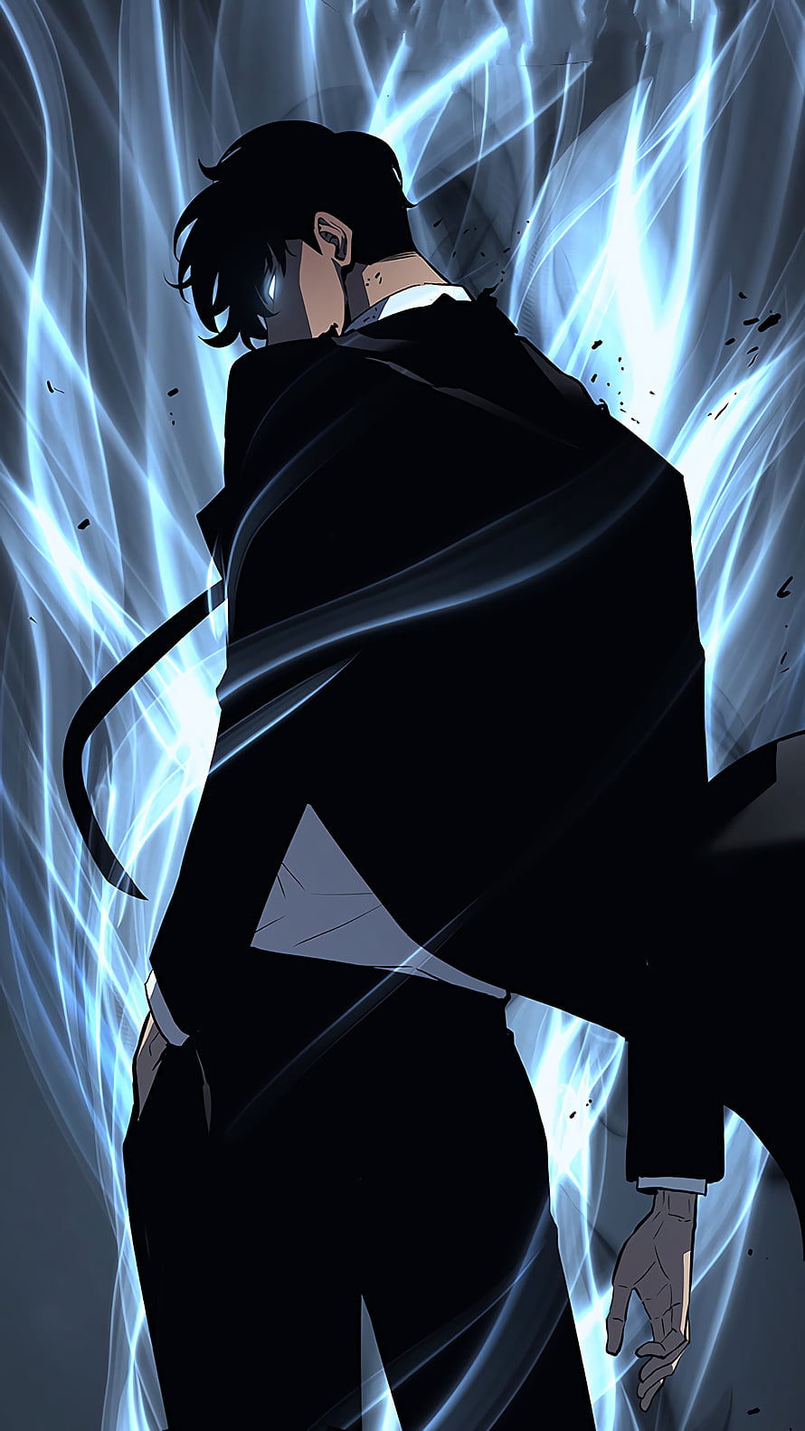 Anime Male Character in Black Suit with Glowing Blue Energy Aura HD phone wallpaper