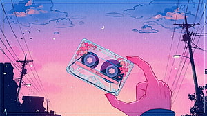 Hand Holding Cassette Tape Against Pink Sunset Sky With Power Lines HD wallpaper