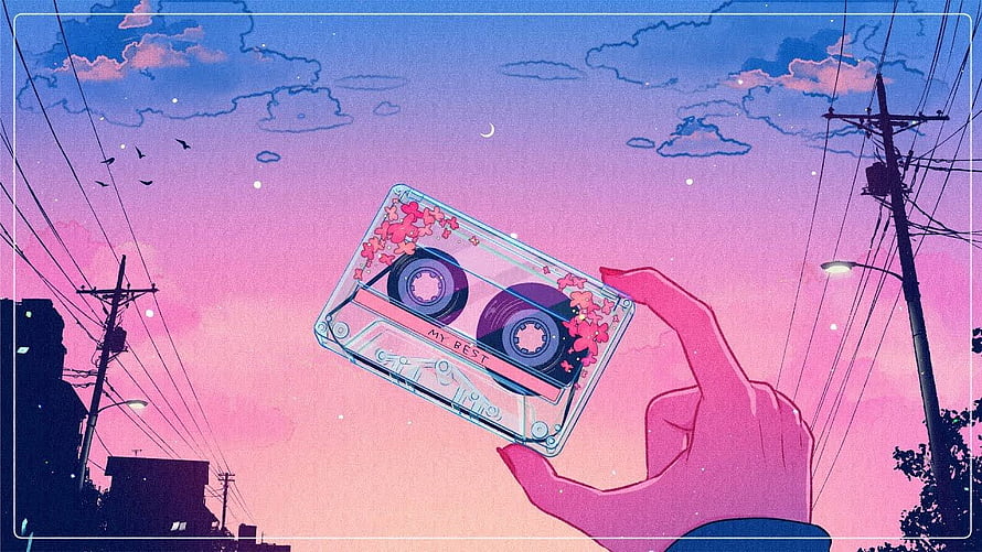 Hand Holding Cassette Tape Against Pink Sunset Sky With Power Lines HD wallpaper