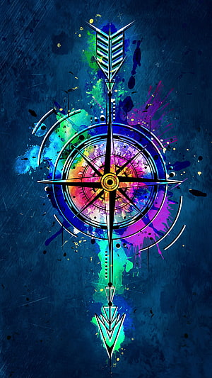 Colorful Compass Rose With Arrow And Paint Splatters On Dark Blue Background HD phone wallpaper