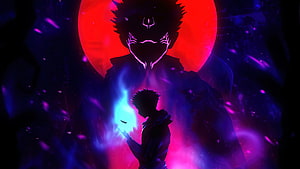 Jujutsu Kaisen Dark Sorcerer Silhouette with Glowing Blue Energy and Red Moon HD wallpaper