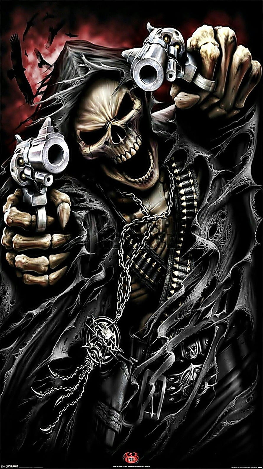 Grim Reaper Skeleton Holding Dual Revolvers in Dark Gothic Style HD phone wallpaper
