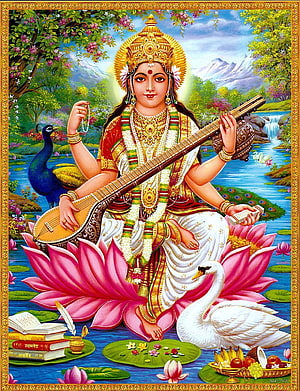 Goddess Saraswati Playing Veena on Lotus with Swan and Sacred Texts in Vedic Art Style HD phone wallpaper