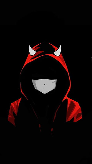 Mysterious Figure in Red Hoodie with White Horns and Mask HD phone wallpaper