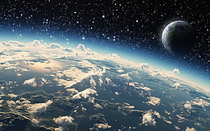 Anime Space Scene With Futuristic City, Flying Ships, and Distant Planet HD wallpaper