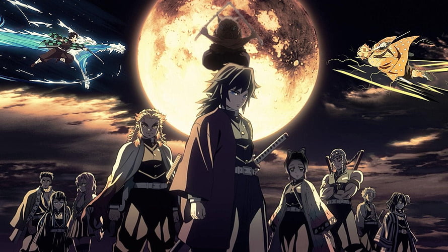 Demon Slayer Hashira Group Standing Before Giant Moon Anime Wallpaper HD wallpaper