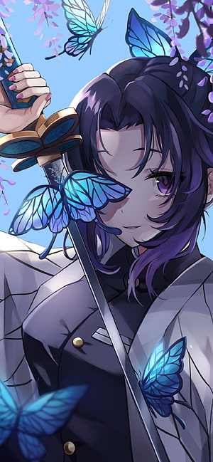 Shinobu Kocho from Demon Slayer with Butterfly Sword and Blue Moths HD phone wallpaper