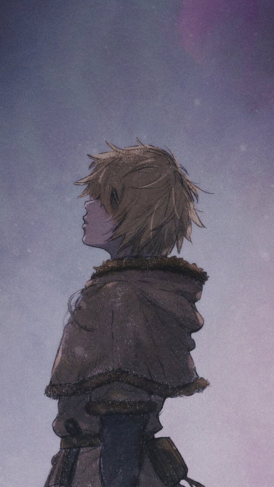Anime Boy In Fur Hooded Cloak Looking Up At Purple Sky HD phone wallpaper