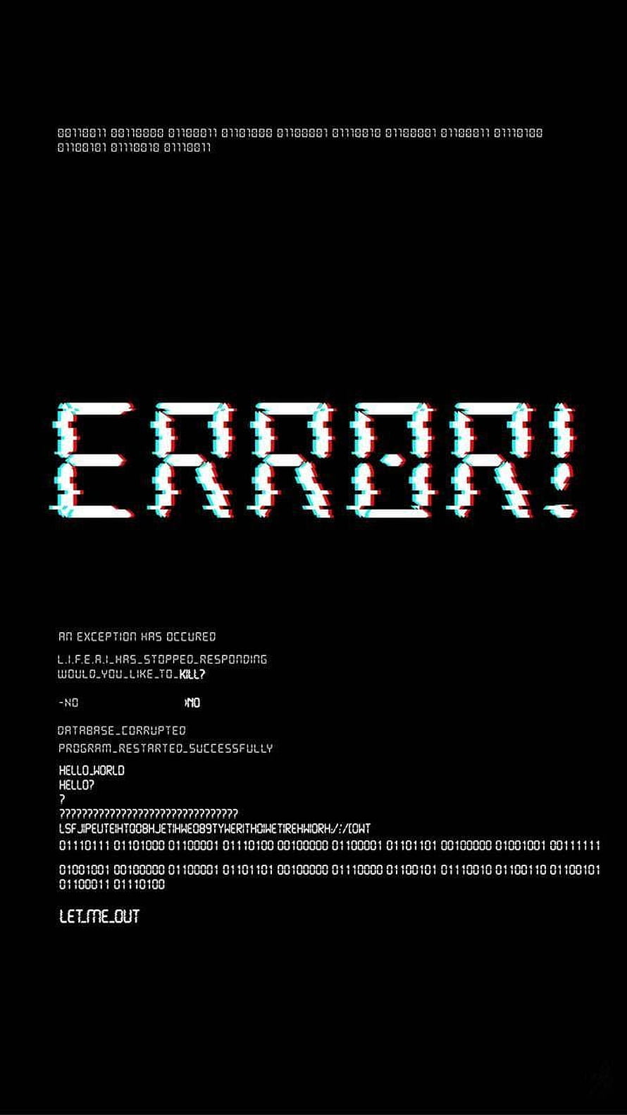 Glitch Art Error Screen with Binary Code and Digital Distortion on Black Background HD phone wallpaper