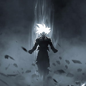 Goku Ultra Instinct Silhouette with Radiant Aura and Floating Debris HD phone wallpaper