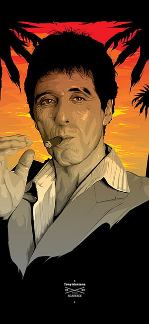 Tony Montana Scarface Tribute Illustration with Cigar and Palm Silhouettes HD phone wallpaper