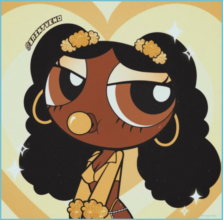 SaintVeno Cartoon Art of a Black Powerpuff Girl with Gold Accessories HD wallpaper