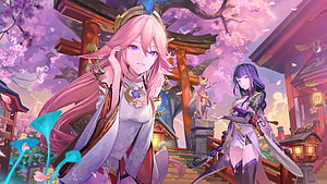 Raiden Shogun and Yae Miko in a Cherry Blossom Shrine Scene from Genshin Impact HD wallpaper