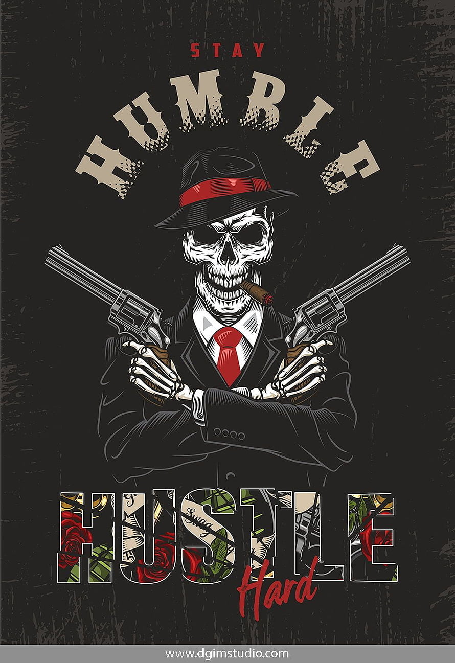 Gangster Skeleton in Fedora Holding Dual Revolvers with Stay Humble Hustle Hard Typography HD phone wallpaper