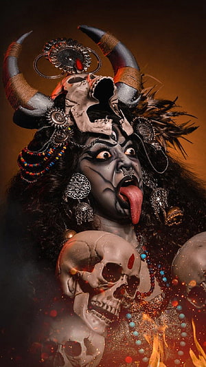 Chandi Maa Demon Goddess Portrait With Horns Skulls And Tribal Jewelry HD phone wallpaper
