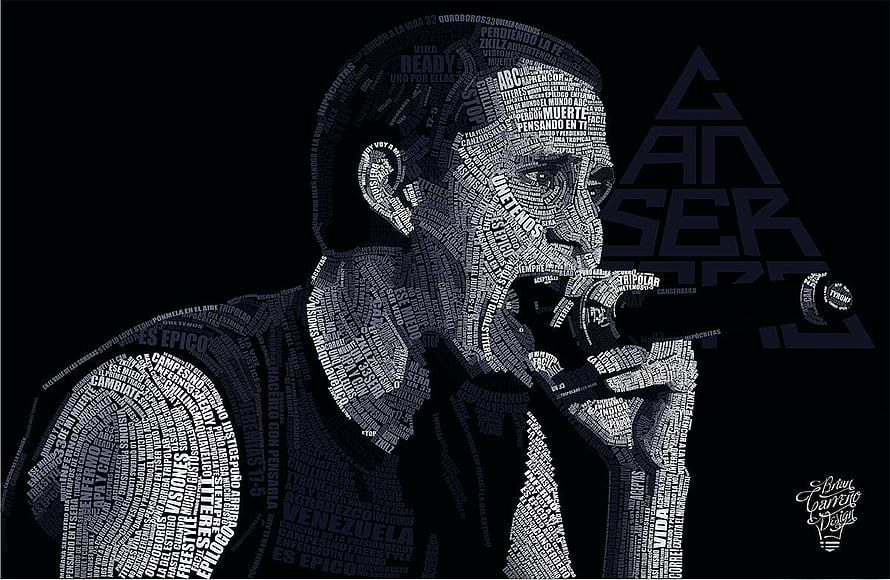 Canserbero Word Art Portrait: Venezuelan Rap Legend in Monochrome Typography HD wallpaper