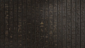 Ancient Egyptian Hieroglyphs on Dark Stone Wall with Golden Accents HD wallpaper