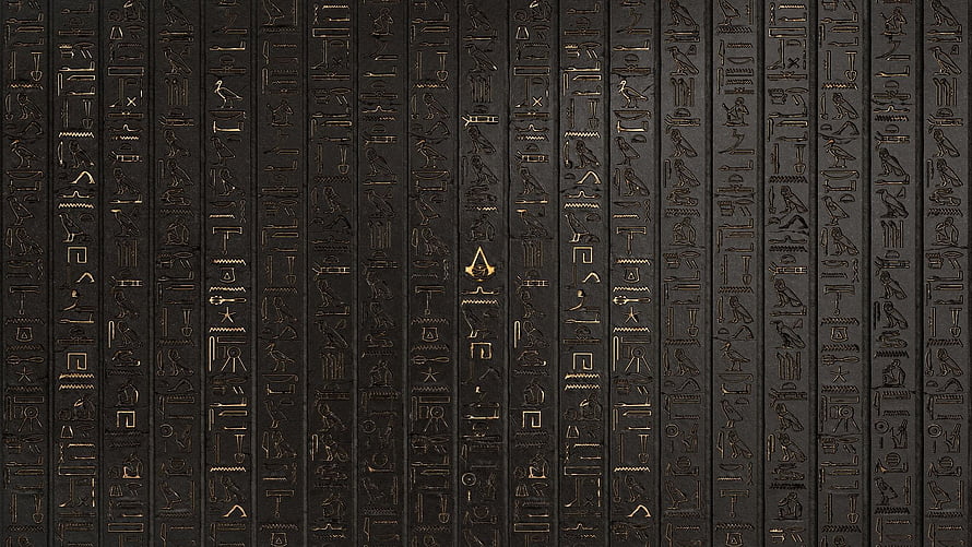 Ancient Egyptian Hieroglyphs on Dark Stone Wall with Golden Accents HD wallpaper
