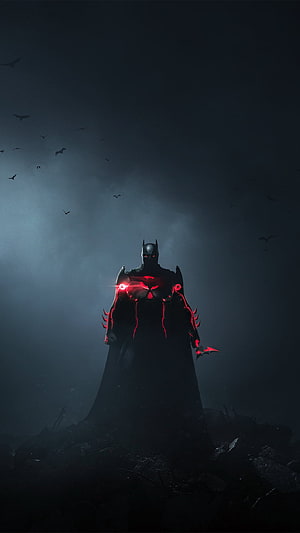 Dark Batman with glowing red armor standing in a misty night sky surrounded by flying bats, Flashpoint Batman . Batman , Batman , Batman comic , Batman 12 HD phone wallpaper