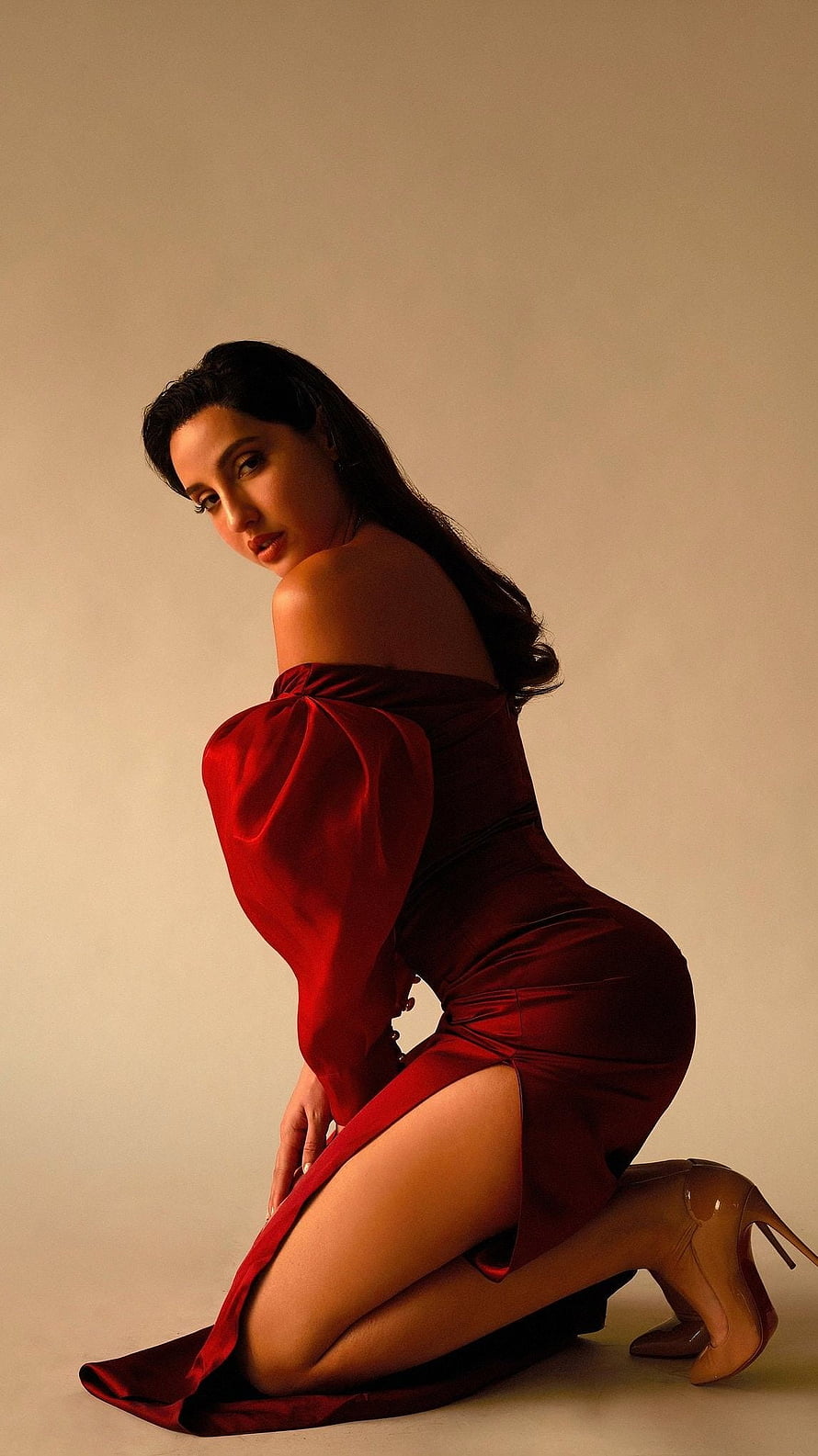 Woman in Elegant Red Off-Shoulder Dress with High Slit and Nude Heels, Nora fatehi, bollywood actress HD phone wallpaper
