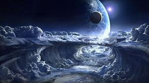 Surreal Science Fiction Landscape With Giant Planet And Swirling Clouds HD wallpaper