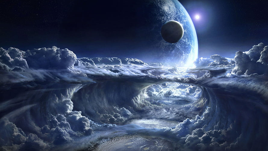 Surreal Science Fiction Landscape With Giant Planet And Swirling Clouds HD wallpaper