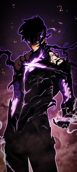 Sung Jinwoo from Solo Leveling Channeling Purple Energy in Dark Anime Style HD phone wallpaper