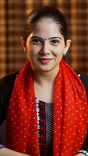 Portrait of a woman wearing a red polka dot scarf and traditional Indian attire with a bindi, Jaya Kishori, hair HD phone wallpaper