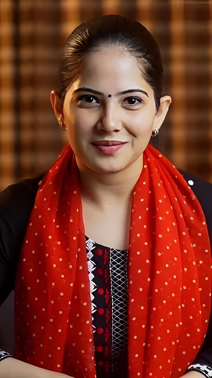 Portrait of a woman wearing a red polka dot scarf and traditional Indian attire with a bindi, Jaya Kishori, hair HD phone wallpaper
