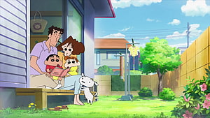 Crayon Shin-chan Family Relaxing on Porch in Sunny Backyard Anime Scene HD wallpaper