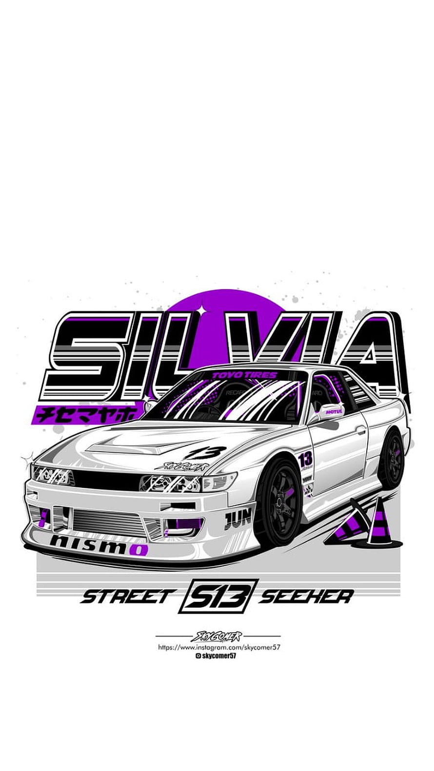 Nissan Silvia S13 JDM Drift Car Illustration with Purple and White Graphic Design HD phone wallpaper