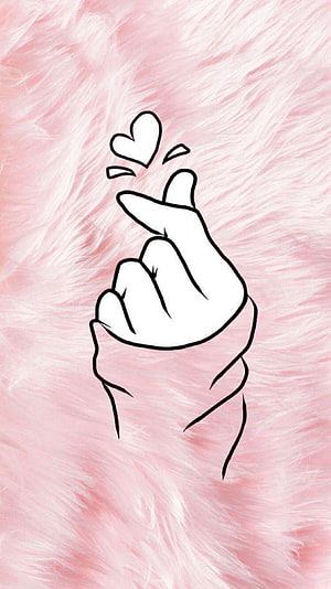 Cute Korean Finger Heart Gesture On Soft Pink Furry Background HD phone wallpaper