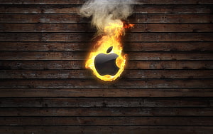 Apple Logo Enveloped in Flames Against Dark Rustic Wooden Plank Background HD wallpaper