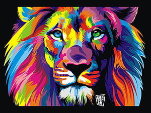 Vibrant Rainbow Lion Head Digital Art with Bold Abstract Colors HD wallpaper