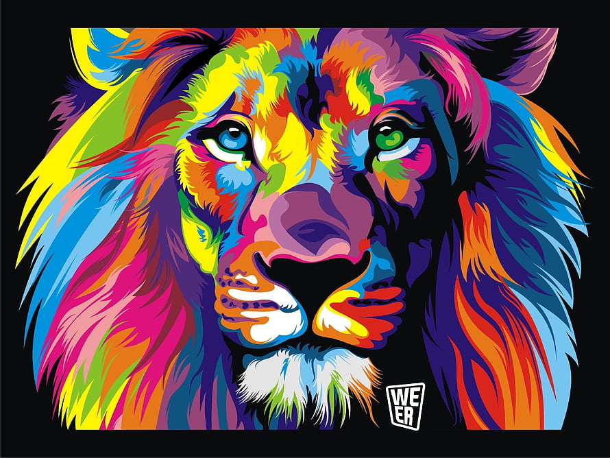Vibrant Rainbow Lion Head Digital Art with Bold Abstract Colors HD wallpaper
