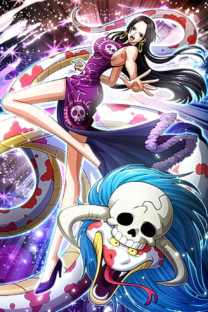 Boa Hancock and her snake Kuja from One Piece in a dynamic anime illustration with purple dress and sparkling background HD phone wallpaper