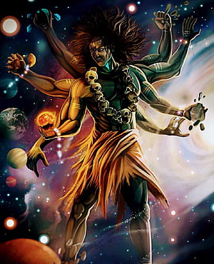 Shiva Nataraja cosmic dance of destruction and creation with multiple arms holding planets and fire in space HD phone wallpaper