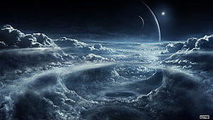 Dramatic Night Sky Above Swirling Clouds with Distant Planet and Moon HD wallpaper