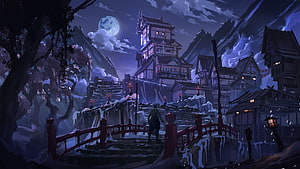 Sekiro: Shadows Die Twice Concept Art Featuring Snowy Japanese Village and Moonlit Castle HD wallpaper