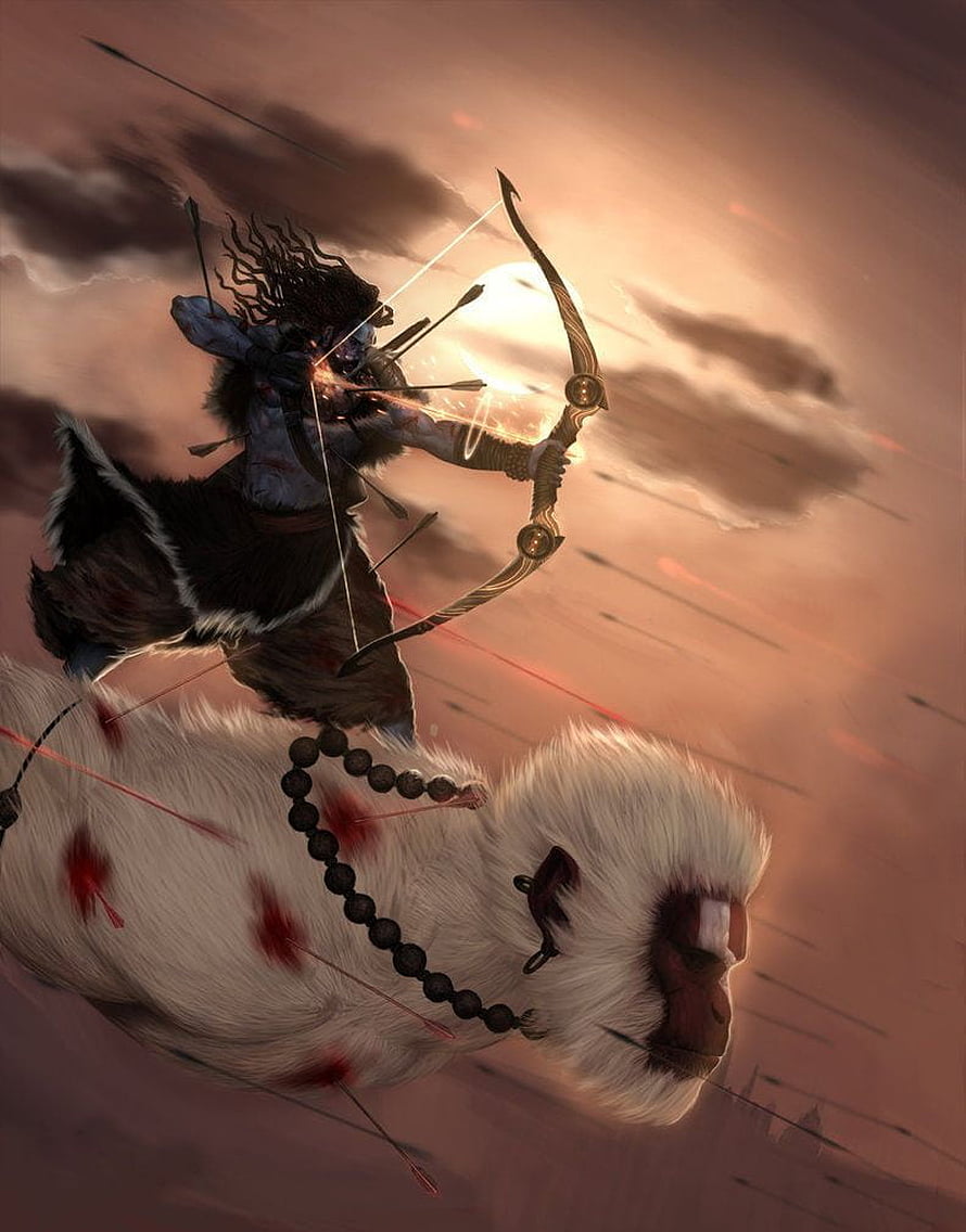 Fantasy warrior riding a giant white monkey while shooting arrows against a dramatic sunset sky HD phone wallpaper