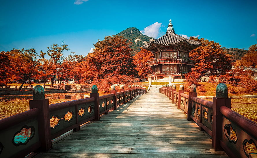Traditional Korean Pavilion and Wooden Bridge in Autumn Foliage HD wallpaper