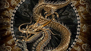 Golden Chinese Dragon Coiled in Ornate Traditional Artwork HD wallpaper