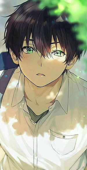 Anime Boy With Black Hair And Green Eyes In White Shirt HD phone wallpaper