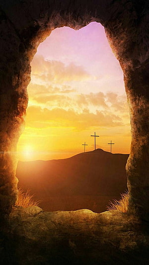 Three Crosses on Hill at Sunset Viewed Through Cave Opening HD phone wallpaper