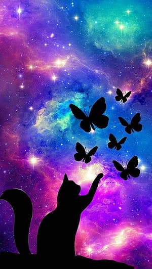 Silhouette of a cat reaching for butterflies against a vibrant purple and blue nebula galaxy background HD phone wallpaper