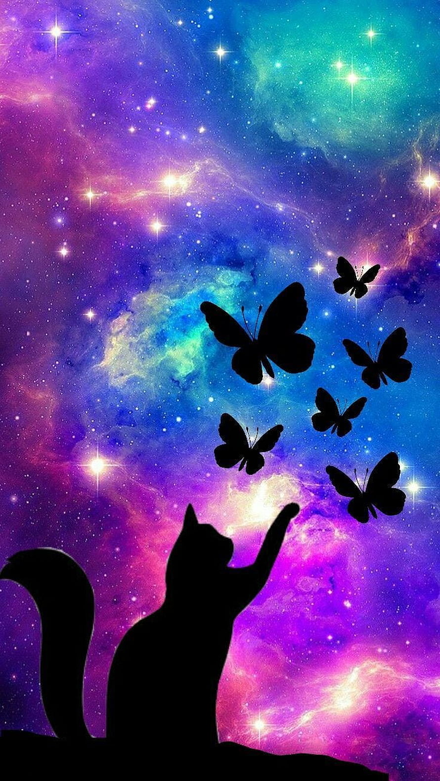Silhouette of a cat reaching for butterflies against a vibrant purple and blue nebula galaxy background HD phone wallpaper