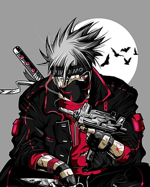 Kakashi Hatake anime character illustration holding a futuristic pistol with a katana on his back HD phone wallpaper